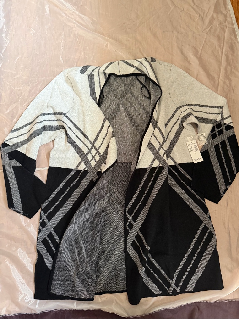 Jones Studio Black and Ivory Striped Open Front Knit Poncho Cardigan Large NWT